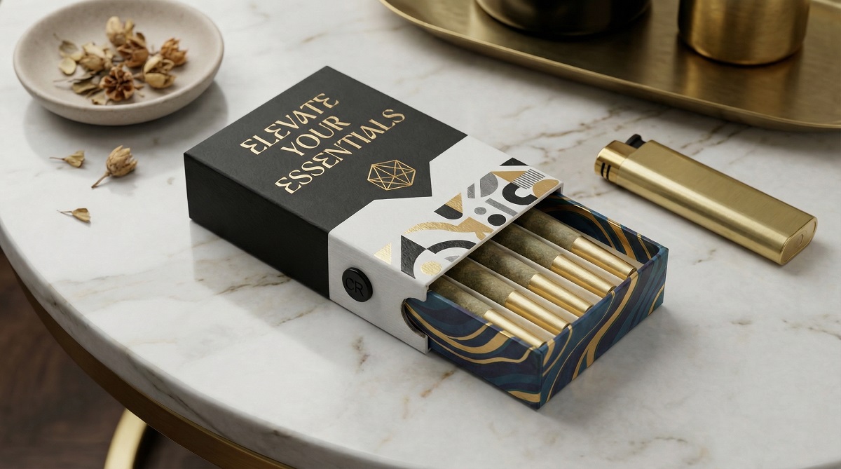 Rigid drawer packaging filled with five gold-tipped pre-roll cones displayed on a marble surface, demonstrating 5-pack capacity and luxury retail aesthetic