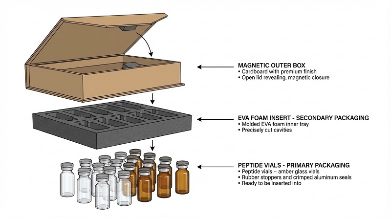Peptides vial packaging components including box, insert, and vial