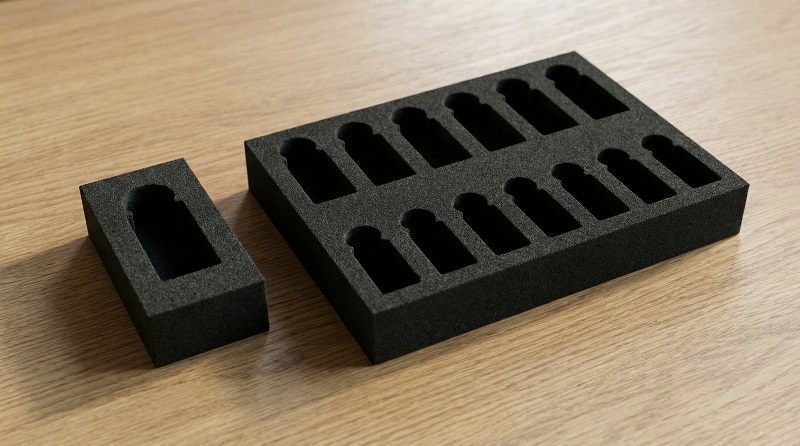 Custom die-cut black EVA foam insert tray for secure 10ml vial protection and shock absorption