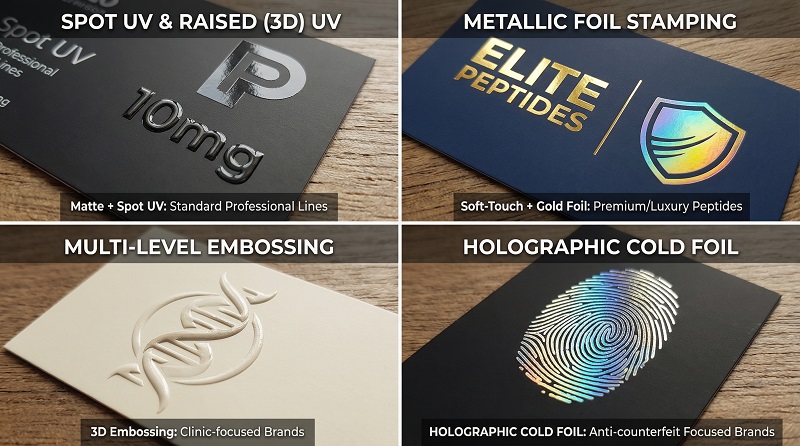 Premium printing finishes for peptide boxes: Spot UV, Gold Foil, 3D Embossing, and Holographic Cold Foil for anti-counterfeit branding